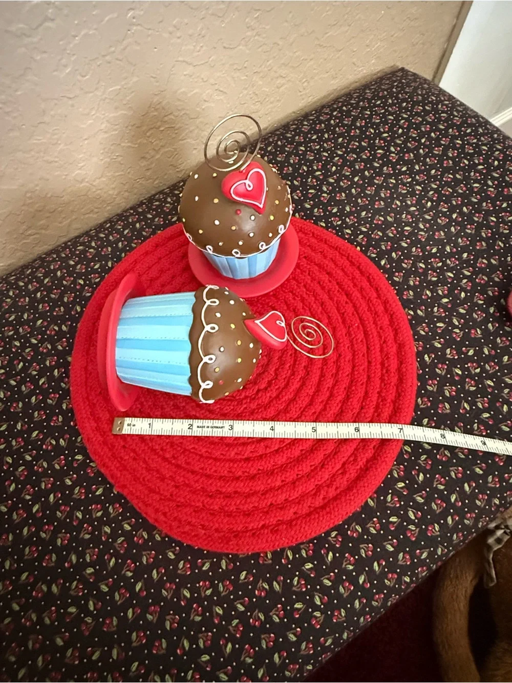 Whimsical Brown & Blue Cupcake Photo Place Card Holders with Red Heart